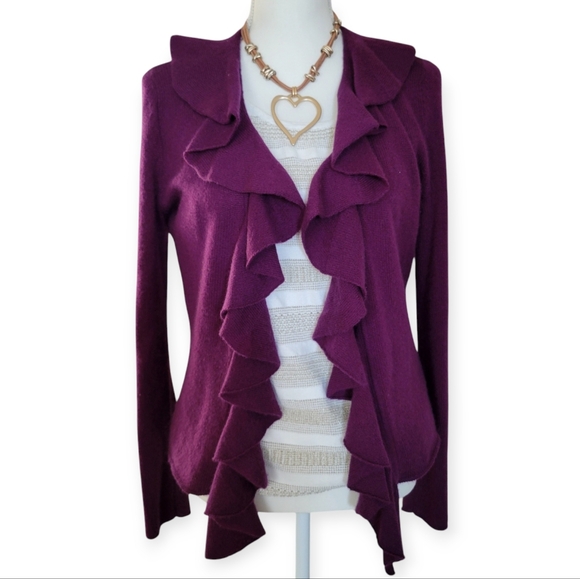 Saks Fifth Ave 100% Cashmere Plum Ruffled Cardigan - Picture 1 of 6